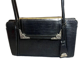 Marc Chantel MC Shoulder Bag Purse Womens Black Embossed Leather Silver Flower